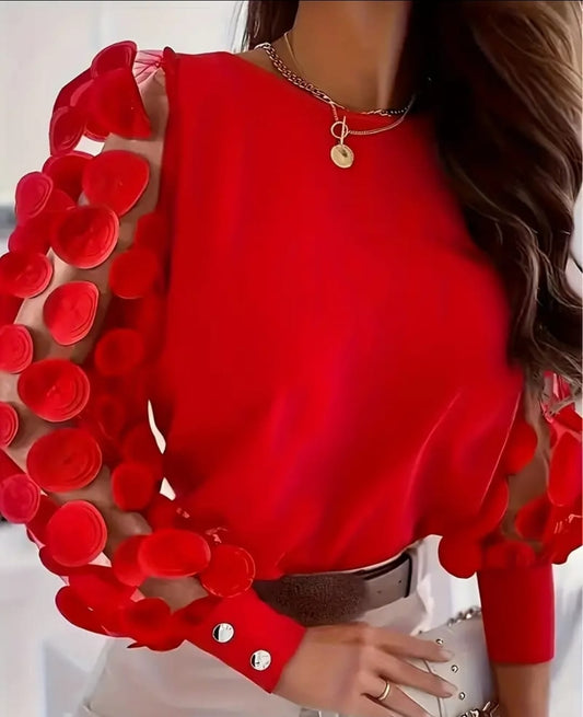 Elegant Red Sheer-Sleeve Blouse with 3D Petal Detail