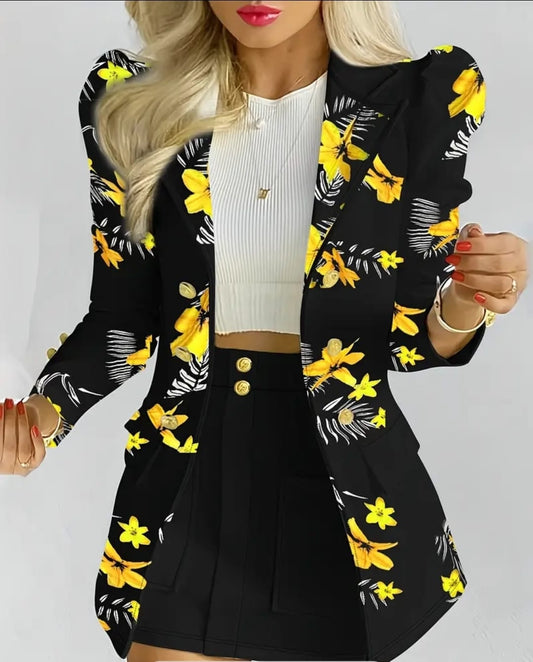Women’s Black & Yellow Blazer with Matching Skirt Set