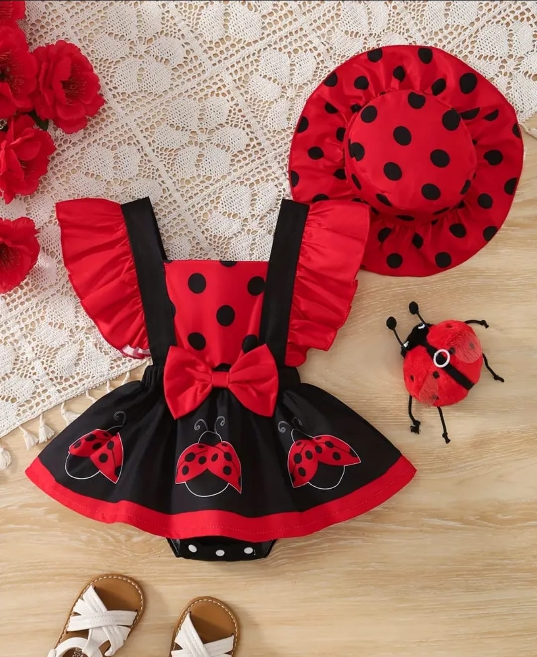 Baby Ladybug Dress with Matching Sun Hat